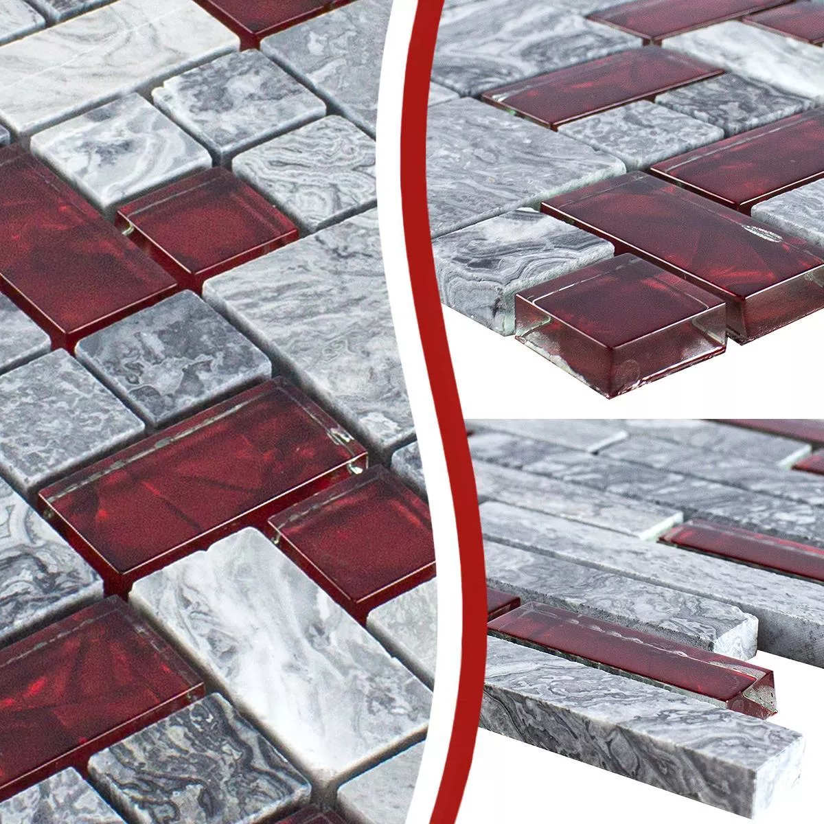 Échantillon Mosaïque Verre Pierre naturelle Carrelage Sinop Gris Rouge