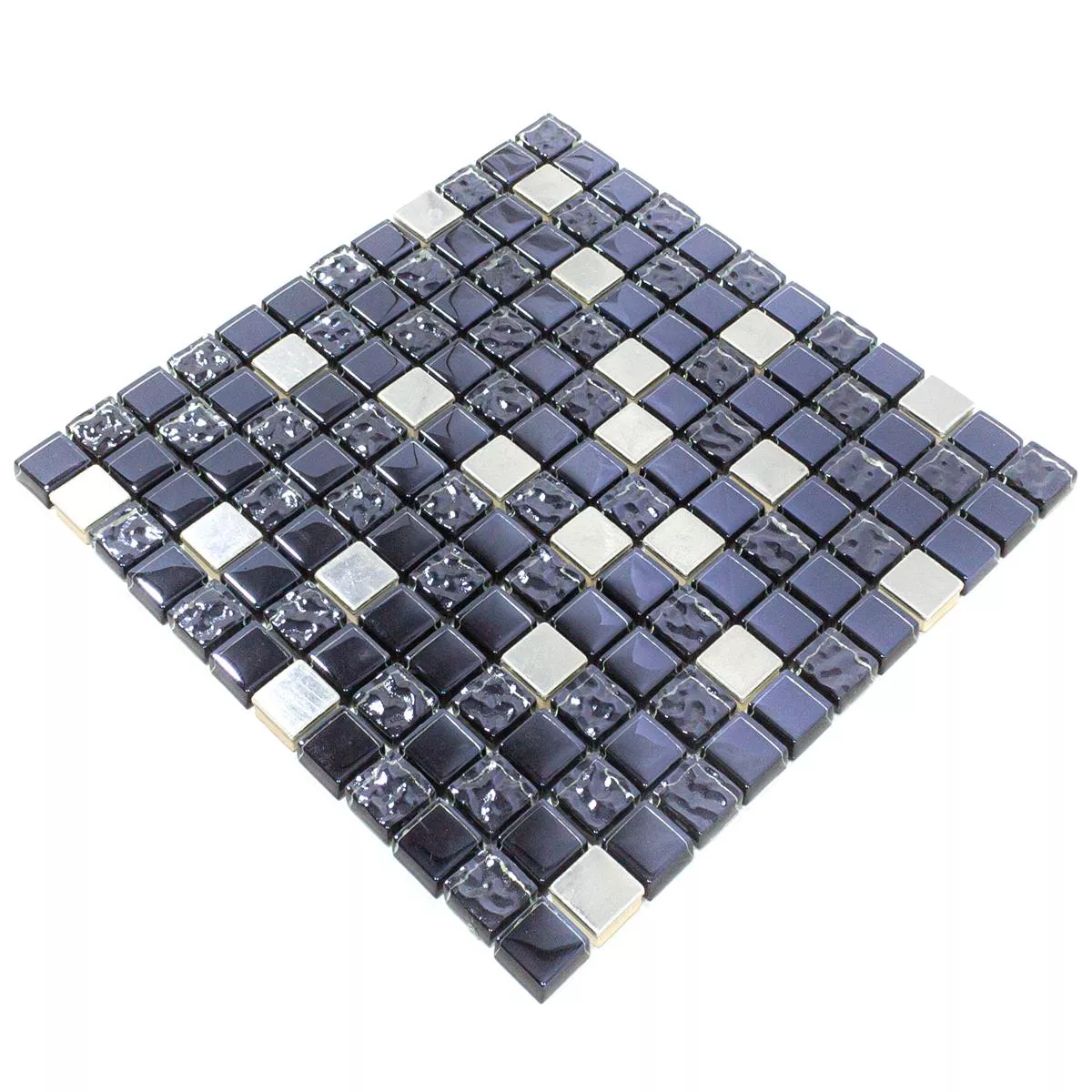 Échantillon Mosaïque Carrelage Verre Acier Inoxydable Blackriver Noir Argent Mix