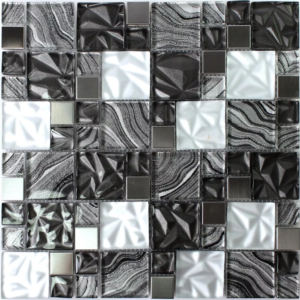 Échantillon Verre Métal Acier Inoxydable Mosaïque Carrelage Zadar Gris Noir