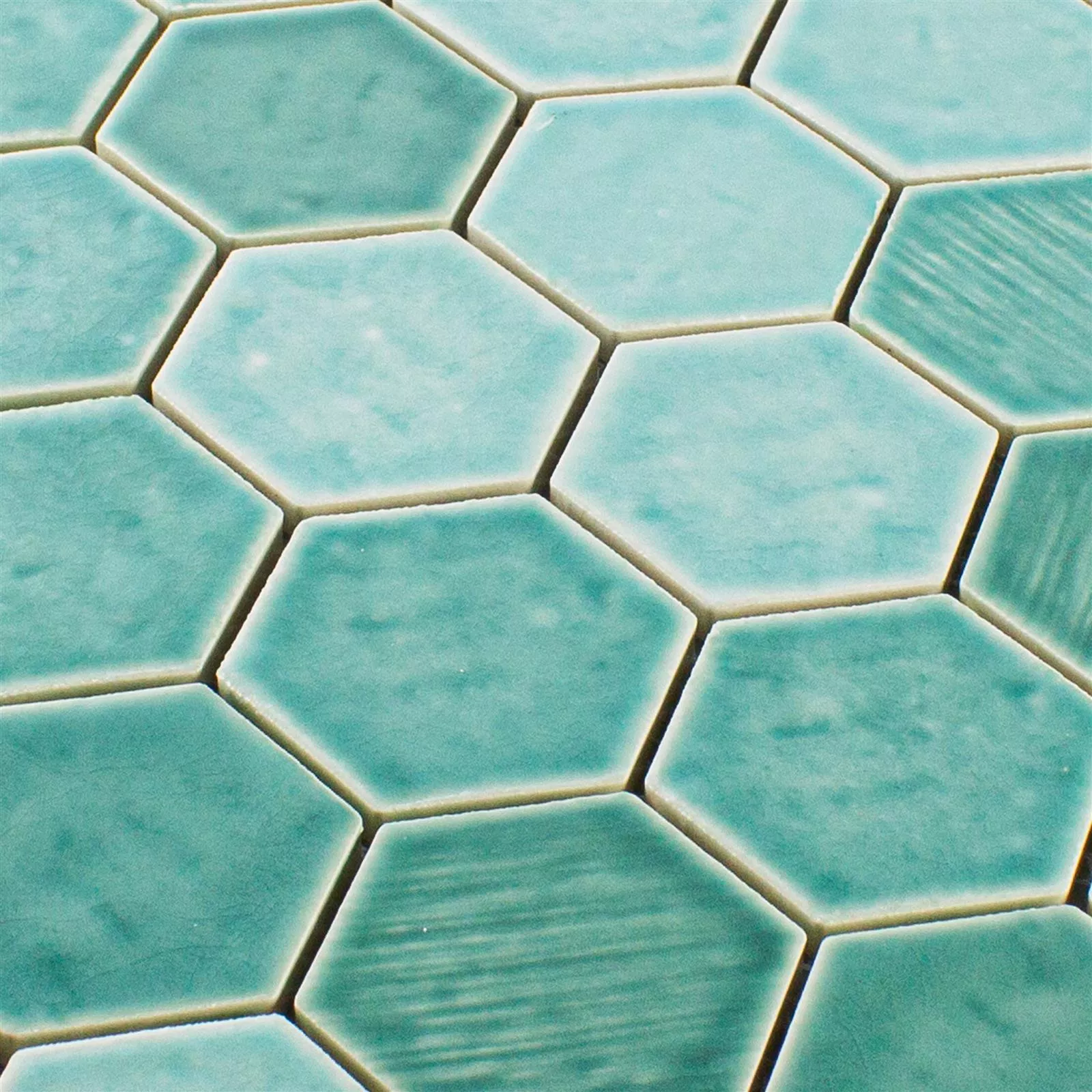 Échantillon Céramique Mosaïque Carrelage Roseburg Hexagone Brillant Turquoise
