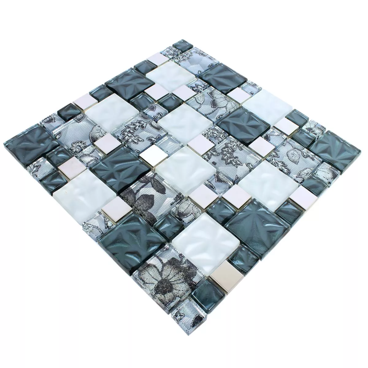 Échantillon Verre Métal Acier Inoxydable Mosaïque Carrelage Zadar Gris Bleu